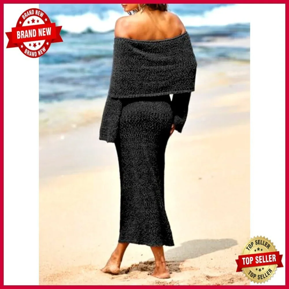 Off Shoulder Maxi Dress Sheer Bodycon Long Sleeve Beach Coverup Sexy